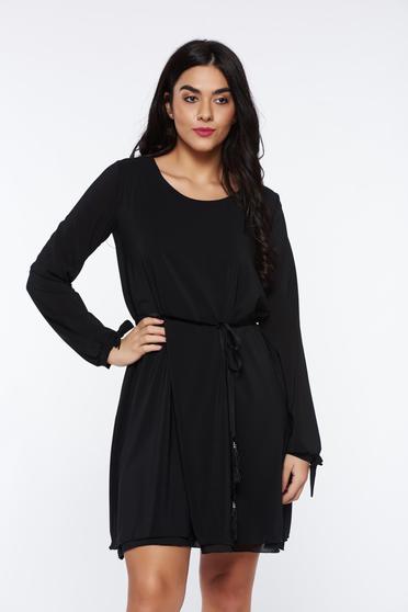 Rochie StarShinerS neagra de zi cu croi larg din voal captusita pe interior accesorizata cu cordon