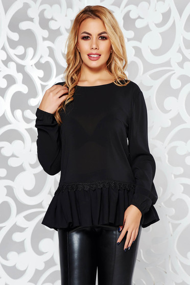 Bluza dama StarShinerS neagra eleganta cu croi larg din voal cu peplum si cu aplicatii de dantela