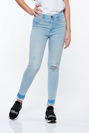 Blugi skinny MissQ albastri deschis casual din bumbac cu talie medie si rupturi