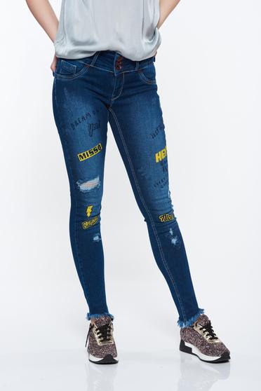 Blugi skinny MissQ albastri-inchis casual cu talie medie din bumbac elastic cu print