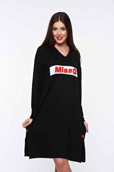 Rochie MissQ neagra casual cu croi larg din material usor elastic cu decolteu in v