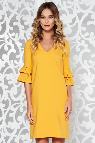 Rochie StarShinerS mustarie office cu croi larg din stofa subtire usor elastica cu maneci incretite