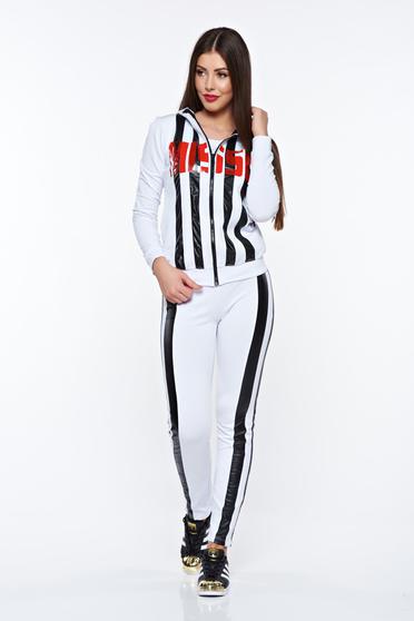Set MissQ alb casual din bumbac cu print cu gluga nedetasabila