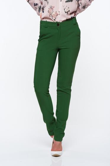 Pantaloni PrettyGirl verzi eleganti conici cu talie medie din material usor elastic cu buzunare