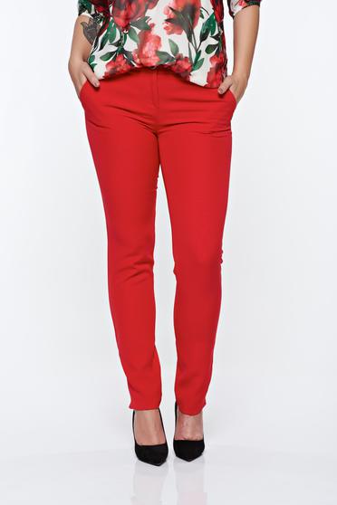 Pantaloni PrettyGirl rosii eleganti conici cu talie medie din material usor elastic cu buzunare