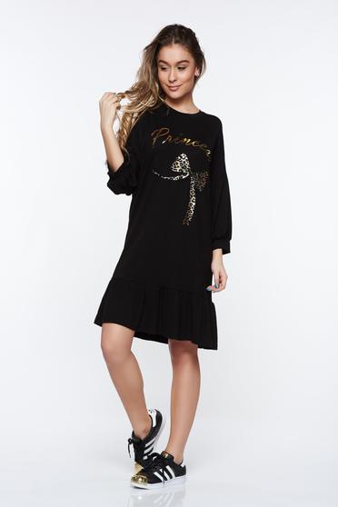 Rochie MissQ neagra casual cu croi larg din material elastic cu volanase la baza rochiei