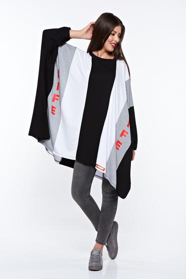 Bluza dama MissQ neagra casual cu croi larg din bumbac cu print