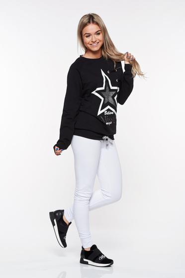 Set MissQ negru casual cu snur in talie din bumbac cu aplicatii cu sclipici