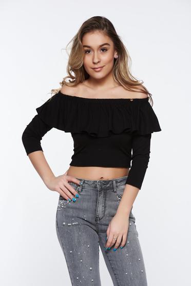 Bluza dama MissQ neagra casual scurta din material elastic cu umeri goi