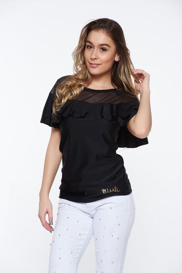 Bluza dama MissQ neagra casual cu un croi mulat din material elastic cu volanase