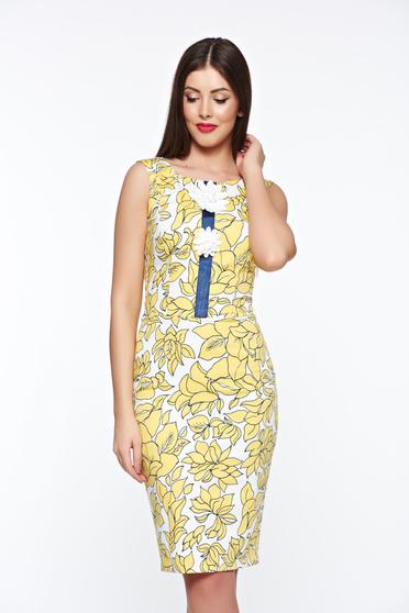 Rochie LaDonna galbena eleganta tip creion din bumbac captusita pe interior cu aplicatii cusute manual