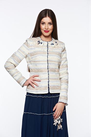 Sacou LaDonna crem elegant din bumbac captusit pe interior cu aplicatii cusute manual