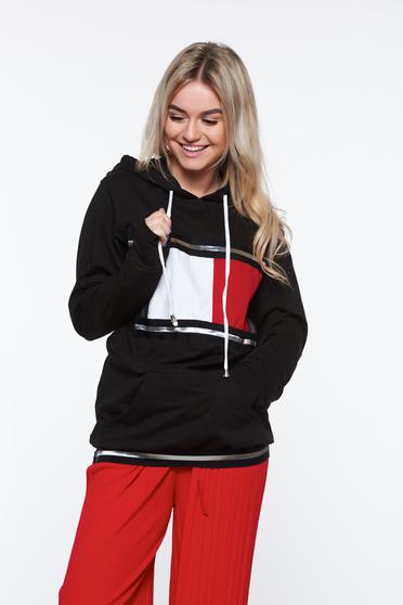 Hanorac Ocassion negru casual din bumbac din material moale cu gluga nedetasabila