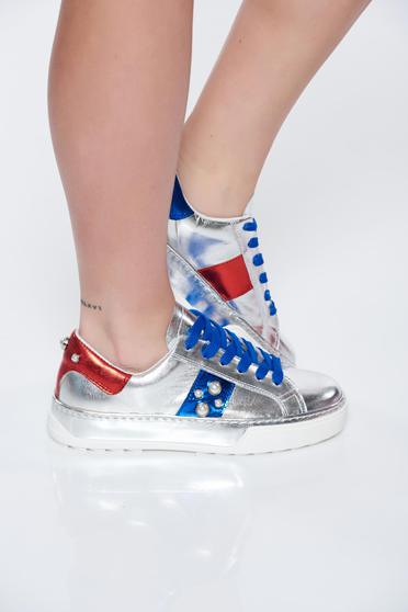 Pantofi sport argintiu casual din piele naturala cu talpa joasa cu aplicatii cu perle