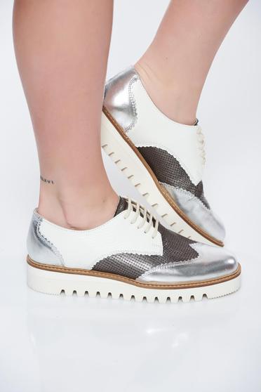 Pantofi argintiu casual din piele naturala cu siret