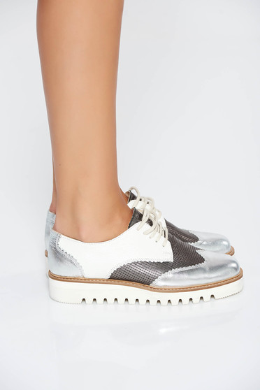 Pantofi argintiu casual din piele naturala cu siret