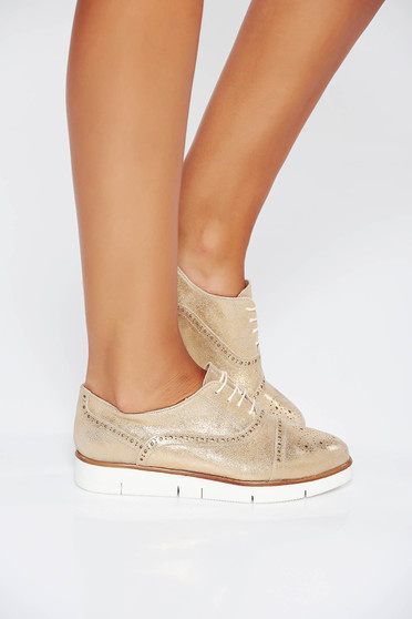 Pantofi aurii casual din piele naturala cu talpa joasa si cu siret