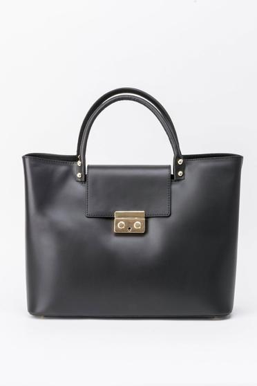 Geanta dama neagra office din piele naturala cu accesoriu metalic