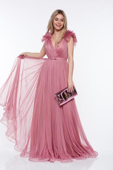 Rochie Ana Radu rosa de lux din tul captusita pe interior cu bust buretat si decolteu adanc