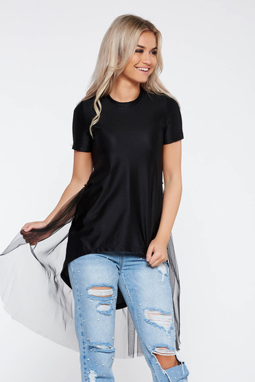 Tricou StarShinerS negru casual asimetric din bumbac cu aplicatii de tul