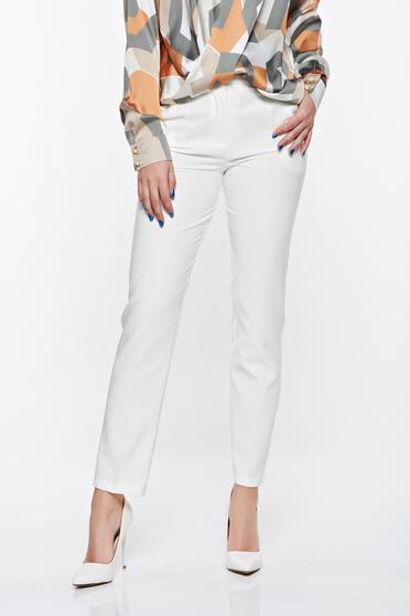 Pantaloni Artista albe office conici cu talie medie din stofa usor elastica cu buzunare