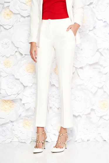 Pantaloni Artista albe office cu un croi drept cu talie medie din stofa usor elastica cu buzunare