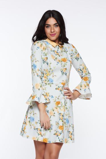 Rochie PrettyGirl albastra-deschis de zi din bumbac cu croi in a cu volanase la maneca