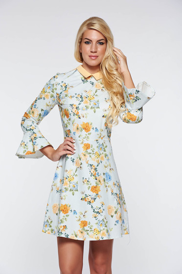 Rochie PrettyGirl albastra-deschis de zi din bumbac cu croi in a cu volanase la maneca