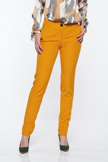 Pantaloni PrettyGirl mustarii eleganti conici cu talie medie din material usor elastic cu buzunare