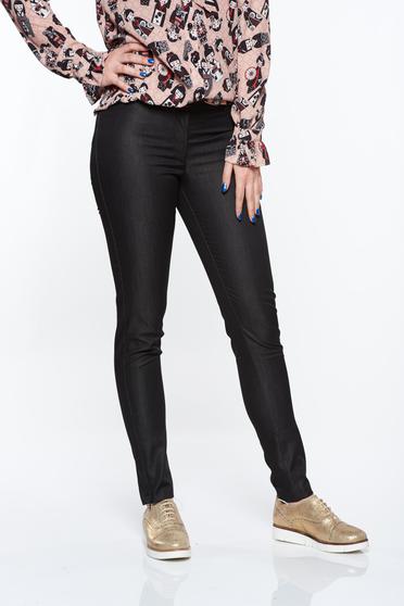 Pantaloni PrettyGirl negri office conici cu talie medie din bumbac neelastic