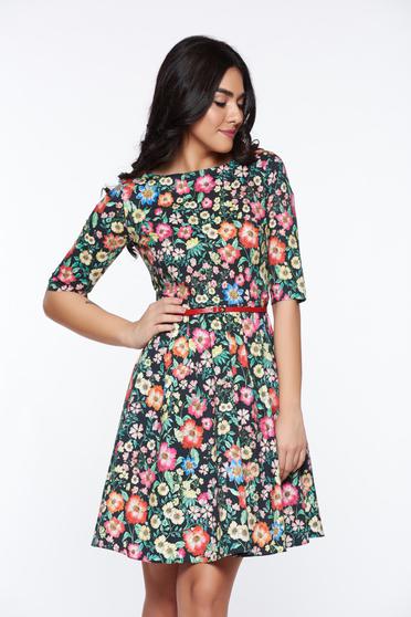 Rochie PrettyGirl albastra-inchis eleganta in clos din bumbac accesorizata cu cordon