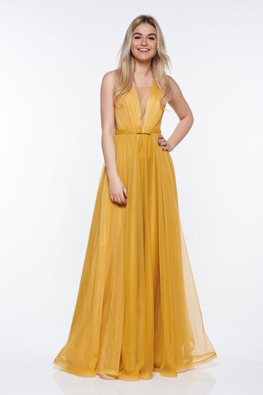 Rochie Ana Radu mustarie de lux din tul captusita pe interior cu decolteu in v