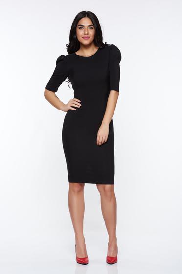 Rochie StarShinerS neagra basic tip creion din material elastic si fin cu maneci bufante