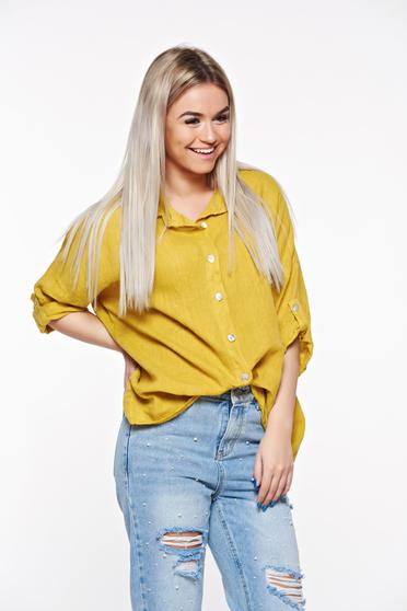 Camasa dama SunShine mustarie casual cu croi larg din in cu guler ascutit