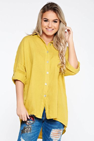 Camasa dama SunShine mustarie casual cu croi larg din in cu guler ascutit