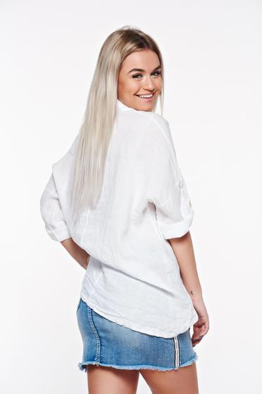 Camasa dama SunShine alba casual cu croi larg din in cu guler ascutit