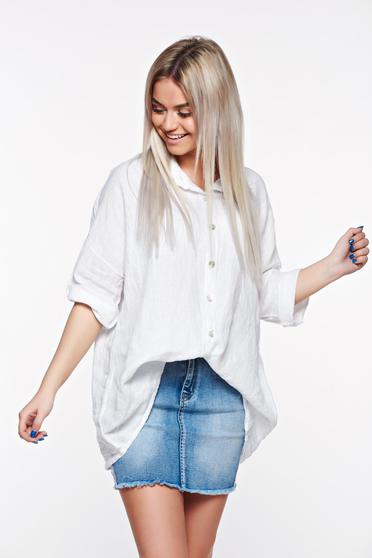 Camasa dama SunShine alba casual cu croi larg din in cu guler ascutit