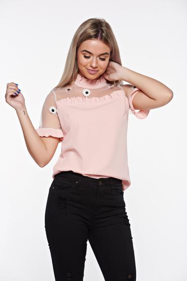 Bluza dama SunShine rosa eleganta brodata cu croi larg cu volanase la maneca