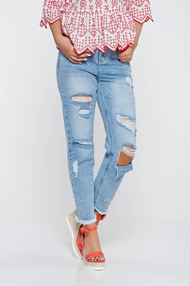 Blugi SunShine albastri deschis casual boyfriend cu rupturi din bumbac neelastic cu buzunare