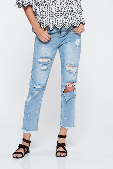 Blugi SunShine albastri deschis casual boyfriend cu rupturi din bumbac neelastic cu buzunare