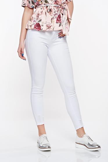 Blugi SunShine albi casual skinny cu talie medie din bumbac elastic cu buzunare in fata si in spate