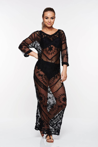 Rochie SunShine neagra de plaja cu croi larg din bumbac cu insertii de broderie