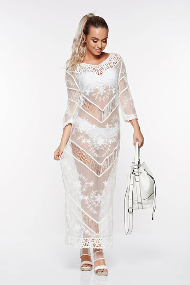 Rochie SunShine alba de plaja cu croi larg din bumbac cu insertii de broderie