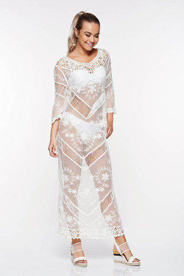 Rochie SunShine alba de plaja cu croi larg din bumbac cu insertii de broderie