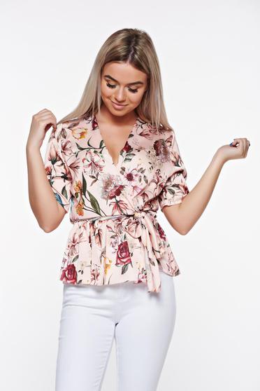 Bluza dama SunShine rosa eleganta cu croi larg cu decolteu in v din material satinat cu elastic in talie