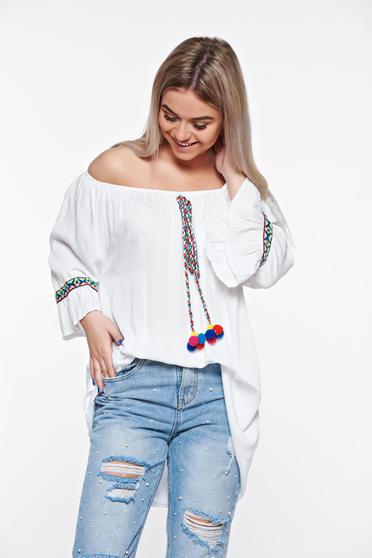 Bluza dama SunShine alba casual cu croi larg din bumbac neelastic accesorizata cu snur