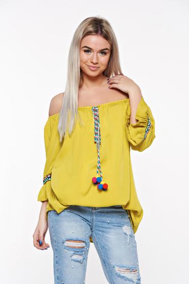 Bluza dama SunShine galbena casual cu croi larg din bumbac neelastic accesorizata cu snur