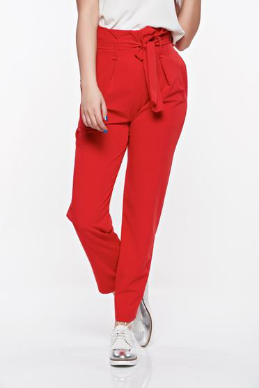 Pantaloni SunShine rosii casual cu talie inalta din material usor elastic cu buzunare