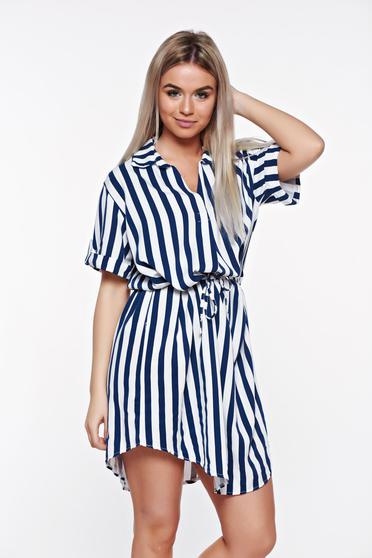 Rochie SunShine albastra-inchis casual cu croi larg din material moale cu snur in talie