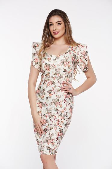 Rochie PrettyGirl crem eleganta tip creion din bumbac usor elastic cu decolteu rotunjit